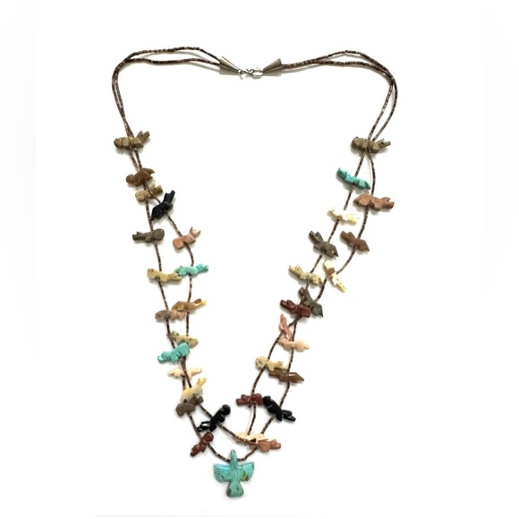 Signed Navajo Turquoise Eagle Pendant Multistone Fetish 28”” Necklace